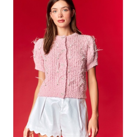 118. Feather Rhinestone Sweater Cardigan Pink - Picture 1 of 1